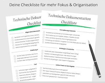 Technical Documentation Checklist | 2-page PDF template for printing | Clearly structured overview for reports, instructions, and project work