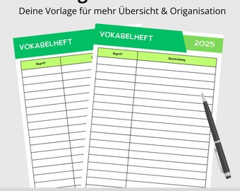 Vocabulary notebook template PDF for students, pupils, and trainees | Printable PDF for vocabulary and technical terms | Color style: Green | PDF download