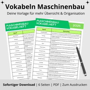 Mechanical Engineering Vocabulary Booklet | 6-page PDF to print and learn | For students, pupils, and apprentices | Color style: Green | PDF download