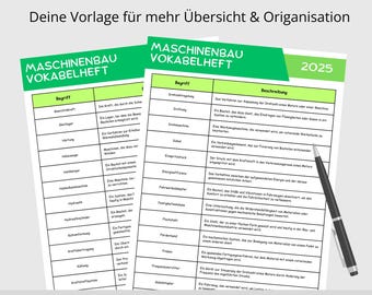 Mechanical Engineering Vocabulary Booklet | 6-page PDF to print and learn | For students, pupils, and apprentices | Color style: Green | PDF download