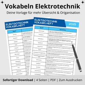 Vokabelheft Elektrotechnik | 4-seitige PDF zum Ausdrucken und Lernen | Für Studenten, Schüler & Azubis | Farbenstil: Blau | PDF-Download