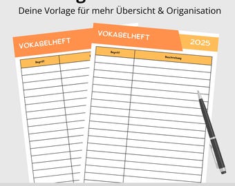 Vocabulary notebook template PDF for students, pupils, and trainees | PDF to print for vocabulary and technical terms | Color style: Orange | PDF download