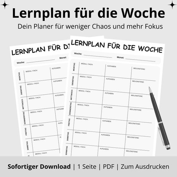 Wöchentlicher Lernplan | PDF zum Ausdrucken | Strukturierter Wochenplan für Studenten, Schüler und Azubis | Aufgaben, Modul & Meilensteine