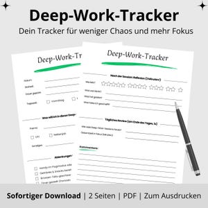 Rastreador de trabajo profundo | Plantilla PDF de 2 páginas para imprimir | Planifique sesiones de concentración, evite distracciones y reflexione sobre el progreso.