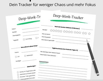 Deep Work Tracker | 2-page PDF template for printing | Plan focus sessions, avoid distractions & reflect on progress