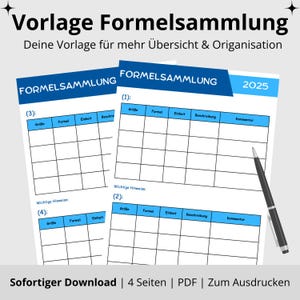 May include: Two printable formula collection sheets with blue headers and grid tables. The text "FORMELSAMMLUNG" is displayed on the sheets. A black pen rests on the right side. The text "Sofortiger Download | 4 Seiten | PDF | Zum Ausdrucken" is at the bottom.