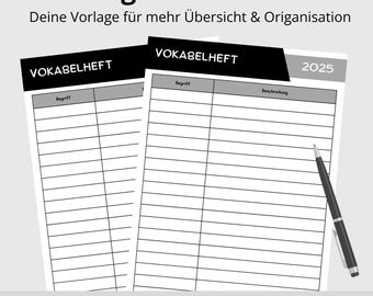 Vocabulary notebook template PDF for students, pupils, and trainees | PDF to print for vocabulary and technical terms | Color style: Black | PDF download