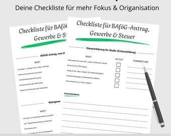 BAföG, small business & tax checklist for students | 2-page PDF template for printing | Everything at a glance
