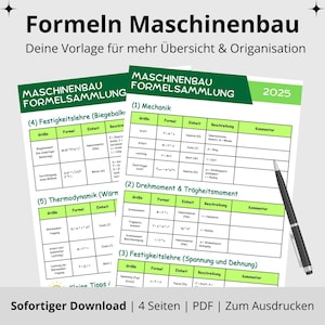 Mechanical Engineering Formula Collection PDF for printing for students, pupils, and apprentices | Mechanics, Strength of Materials, Thermodynamics | PDF Download