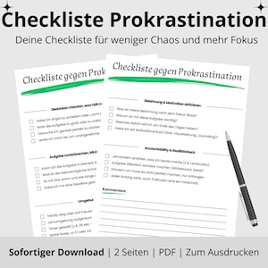 Lista di controllo anti-procrastinazione da stampare | Modello PDF di 2 pagine per combattere la procrastinazione | Aumentare la concentrazione, la motivazione e la produttività