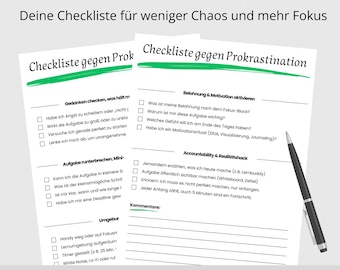 Anti-procrastination checklist to print | 2-page PDF template to combat procrastination | Increase focus, motivation, and productivity