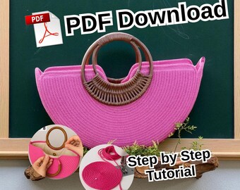 DIY Woven Handbag PDF Pattern, How to Make a Pink Half Moon Clutch, Rope Bag Tutorial with Rattan Handle, Easy Step-by-Step Craft Guide