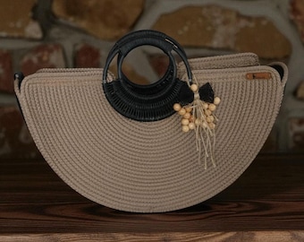 Half Moon Straw Handbag for Women – Summer Woven Shoulder Bag – Boho Chic Purse with Black Handle – Natural Rope Clutch – Beach Day Bag