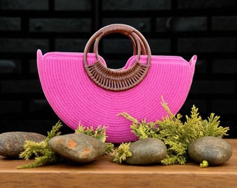 Pink Half Moon Straw Handbag – Woven Summer Clutch Purse with Rattan Handle – Boho Chic Bag – Lightweight Rope Tote – Beach Gift