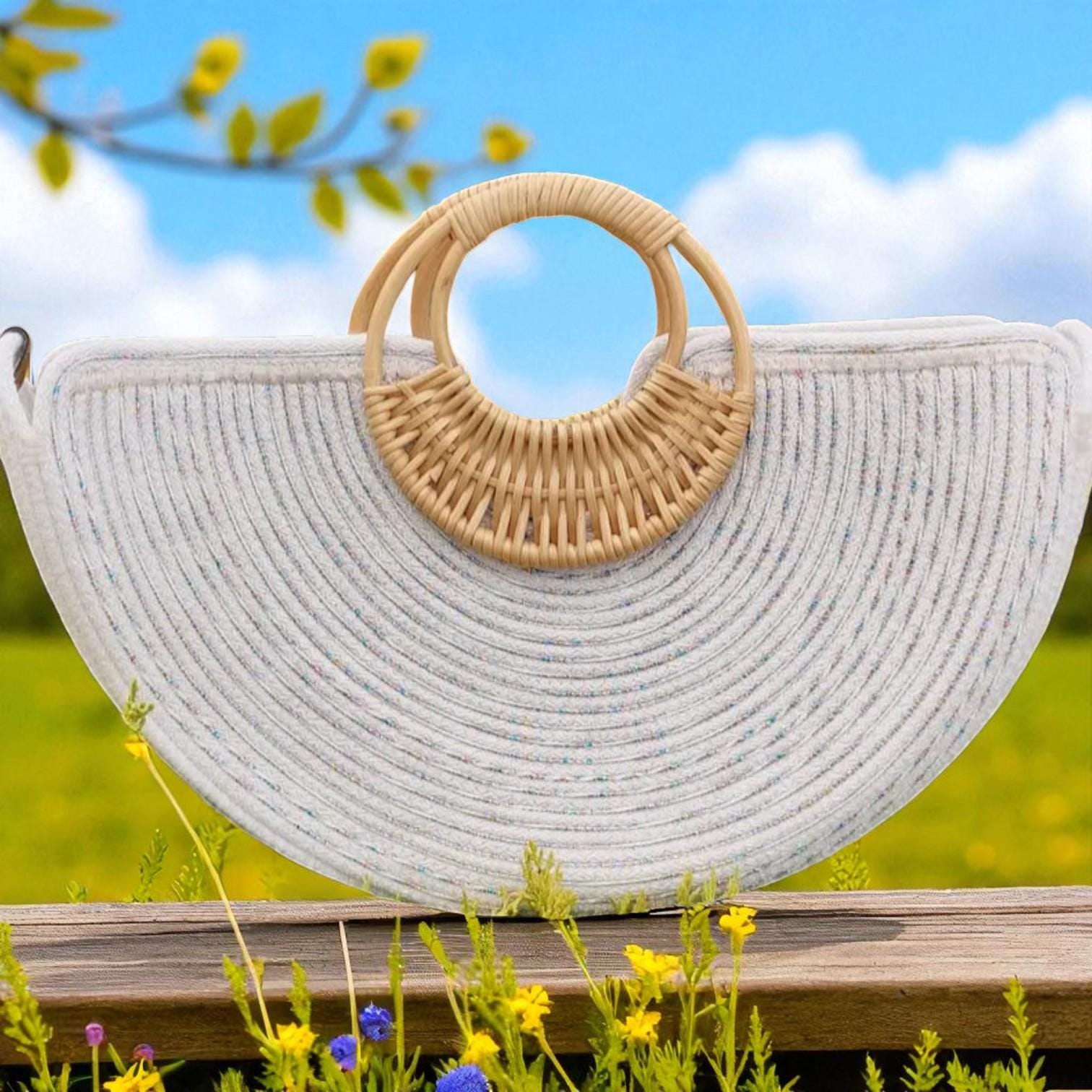 Handmade Woven White Rope Bag with Bamboo Handle – Boho Half-Moon Summer Clutch – Lightweight Straw Purse – Beach or Picnic Tote
