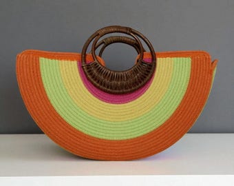 Handmade Rainbow Rope Bag – Colorful Half Circle Tote with Wicker Handles, Summer Beach Purse, Vibrant Eco-Friendly Statement Bag For Her
