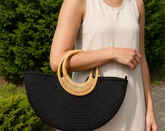 Handmade Black Woven Cord Bag – Boho Straw Handle Clutch – Structured Summer Purse – Minimalist Beach Bag – Natural Fiber Handmade Bag