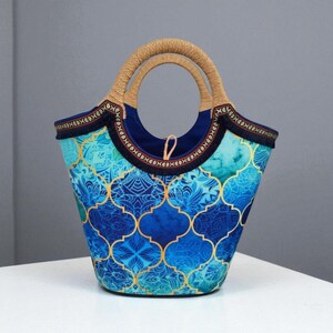 Blue Moroccan Pattern Tote Bag – Handmade Ethnic Boho Shoulder Purse with Rope Handle – Unique Summer Beach or Market Fabric Bag