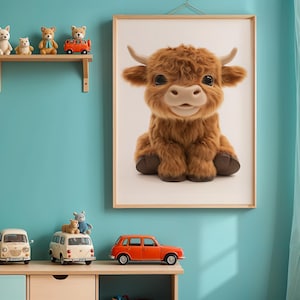 Highland cow art for a farm nursery decor, perfect for a cowgirl or cowboy nursery. Highland cow nursery decor, baby cow prints and wall art