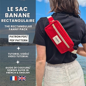Puede incluir: Un bolso de cintura rectangular rojo con cremallera dorada y correa blanca se lleva cruzado. La bolsa tiene una etiqueta blanca que dice "LEA PILEA". También se muestra el texto en francés e inglés: "LE SAC BANANE RECTANGULAIRE" y "THE RECTANGULAR FANNY PACK".