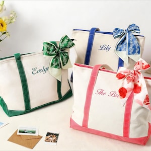Custom Tote Bag, Canvas Tote Bag, Bridesmaid Gift, Tote Bag with Ribbon, Embroidered with Initials Bag, Personalized Bachelorette Party Gift