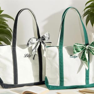 Custom Text Tote Bag,Beach Tote Bags, Personalized Name Tote Bag, Embroidered Name Bridesmaid Gifts, Canvas Tote Bag with Ribbons Decorated