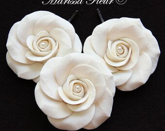 Bridal Hair Flowers, Set Of 3, Hair Pins With White Or Ivory Roses Decorated With Pearls, Bridal Hair Accessories, Wedding Accessories