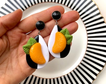 Orange Earrings, Fruit Earrings With Tangerines, Fruit Jewelry, Clay Earrings, Black And White Earrings, Dangle Earrings