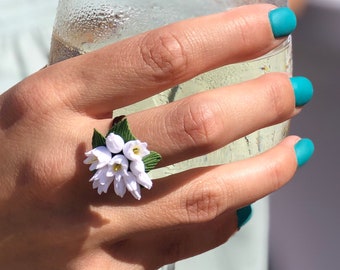 Lily Of The Valley Ring, Flower Ring, Floral Ring, Miniature Flower Ring, Small Flower Ring, Floral Jewelry, Summer Ring, Adjustable Ring