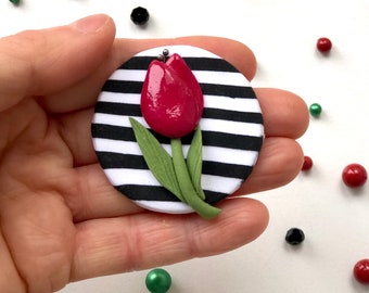 Broche Tulipe Artisanale En Cuir Naturel Rouge – Fait Main – Neuf Avec étiquettes
