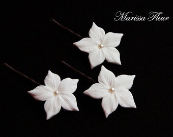 Bridal Hair Pins - Set Of 6 White Or Ivory Stephanotis Hair Pins With Pearls, Perfect For Bride, Bridesmaids, Flower Girl, Bridal Hair Pins