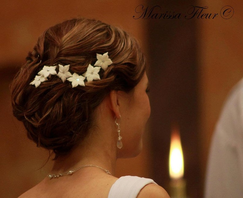 Bridal Hair Pins Set Of 6 Stephanotis Hair Pins With Swarovski Crystals, Bridal Flower Hair Pins, Flower Girl Hair Pins, Wedding Hair Pins image 1