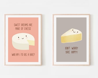 Set of 2 Cheese Prints, Foodie Gifts, Kitchen Art Prints, Kitchen Wall Art, Funny Art Prints, Funny Food Gifts, Food Puns, Hostess Gift