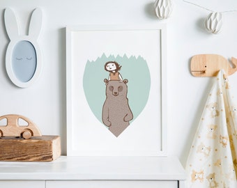 Woodland Art, Nursery Art Print, The Chaperone, Bear Art Print, Illustration Print, Baby Shower Gift, Woodland Nursery, woodland decor