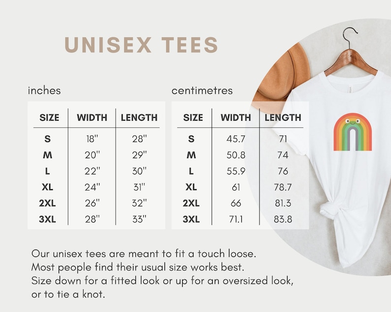 May include: Unisex t-shirt size chart in inches and centimetres. The chart shows the width and length of the shirt in each size, from S to 3XL. The chart is on a white background with a brown and white background behind it.