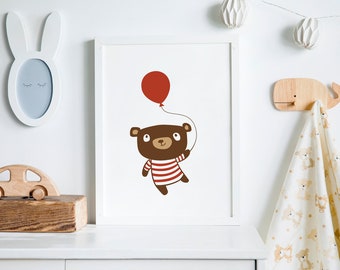 Nursery Art Print, Nursery Decor, Birthday Bear Print, Childrens Art, Illustration Print, Kids Wall Art, Baby Boys Room, baby shower gift