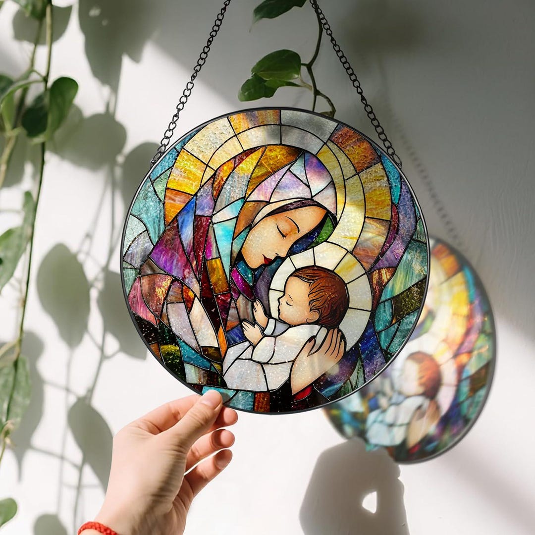 Baby Jesus and Holy Mother Mary Stained Glass Suncatcher, Christian ...