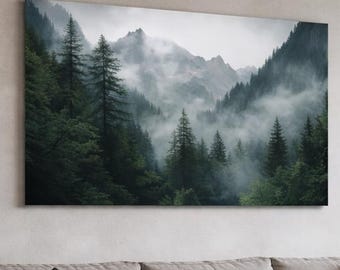 Cuadro de pared de bosque de montaña brumoso, decoración de pared de paisaje escandinavo, cuadro de pared de bosque, cuadro de pared de naturaleza