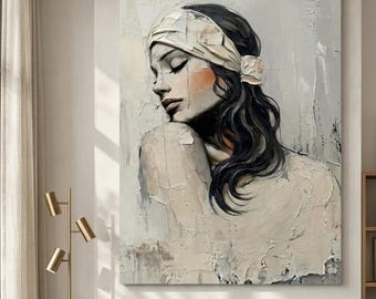 Cuadro abstracto de mujer serena, impresión de retrato con textura visual neutra, decoración moderna y tranquila, impresión en lienzo de mujer abstracta, arte de pared de diseño