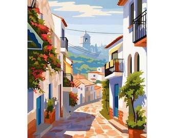 Lámina decorativa de un pueblo mediterráneo, póster de una calle del sur de España, decoración de un pueblo costero español, póster de viaje europeo.