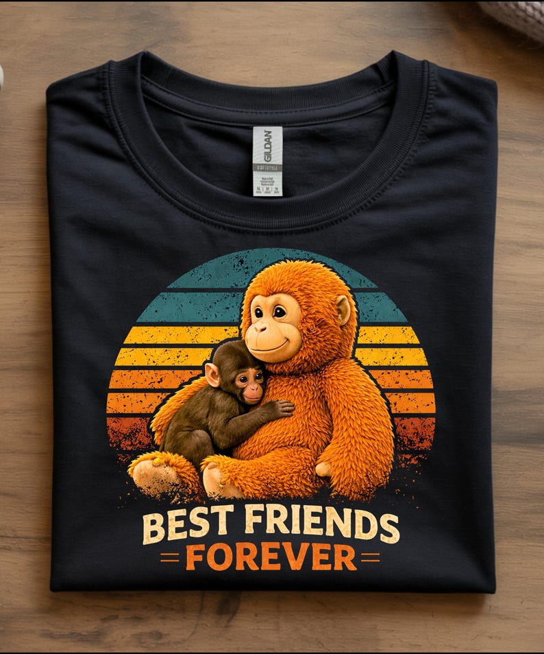 May include: Black t-shirt featuring a graphic of two orangutans hugging, set against a sunset design with orange, yellow, and teal stripes. The text "BEST FRIENDS = FOREVER=" is printed below the image. The shirt is folded on a wooden surface.