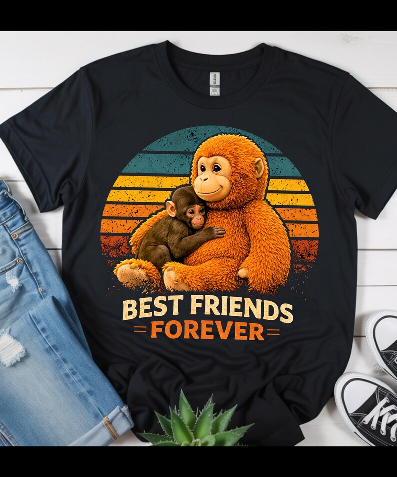 May include: Black t-shirt featuring a graphic of two monkeys hugging, set against a sunset backdrop. The text "BEST FRIENDS FOREVER" is displayed below the image. The shirt is made of a soft material.
