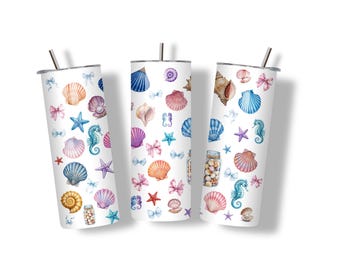 Coquette Seashells Seamless Tumbler wrap PNG, Aesthetic Ocean, Watercolor Summer PNG
