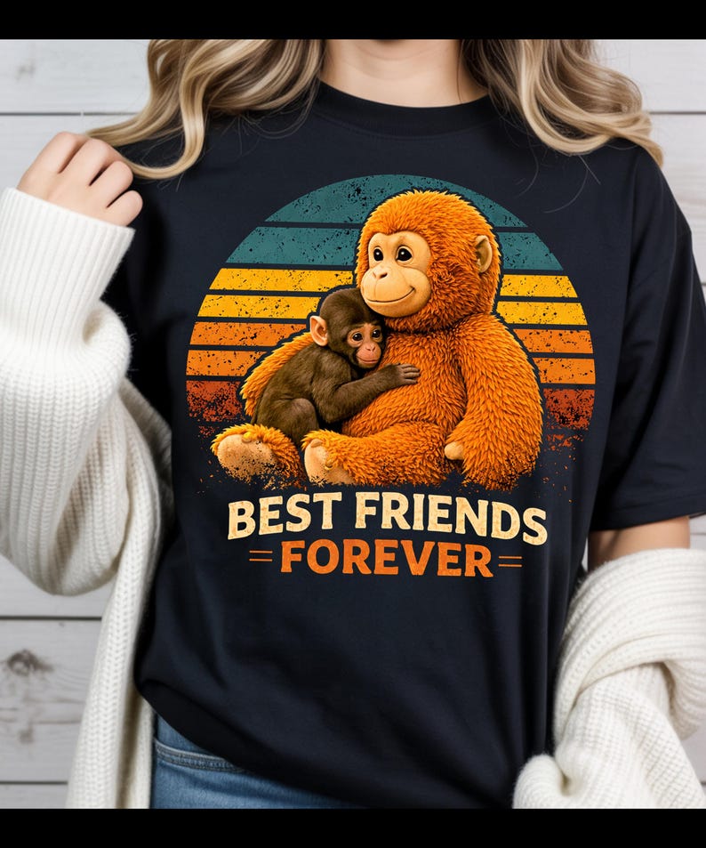 May include: Black t-shirt featuring a graphic of two monkeys hugging, set against a retro sunset design. The text "BEST FRIENDS = FOREVER=" is displayed below the image. The monkeys are brown and orange.