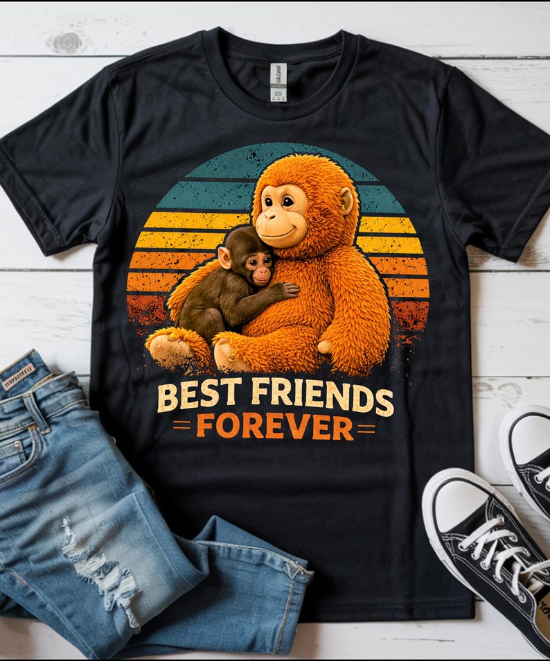 May include: Black t-shirt featuring a graphic of two monkeys hugging, set against a retro sunset design. The text "BEST FRIENDS = FOREVER =" is printed below the image. The shirt is paired with blue jeans and black sneakers.
