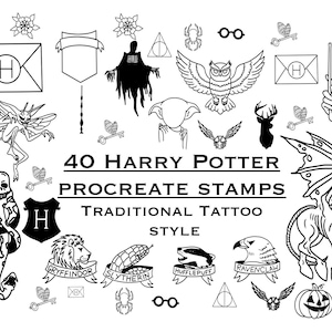 Puede incluir: Ilustraciones en blanco y negro con temática de Harry Potter, incluyendo un rayo, un búho y el escudo de Hogwarts. El texto dice: "40 Sellos Procreate Harry Potter Estilo Tatuaje Tradicional."