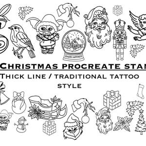 May include: A collection of black and white Christmas-themed illustrations in a thick line style, including Santa, angels, and festive decorations. The text reads "25 Christmas Procreate Stamps Thick Line / Traditional Tattoo Style."