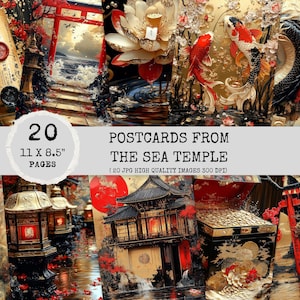 Páginas de diário de lixo japonês, santuário oceânico japonês vintage, kit de diário de lixo, cartões-postais do Templo do Mar, diário de lixo asiático