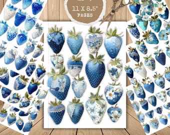 Blue Strawberries Scattered on White Paper – Watercolor Fussy Cut Sheet, Strawberry Tags, Strawberry Ephemera, Journals Tag, Strawberry Tags