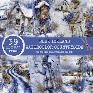 Blue Iceland Vintage Journal – Collage artistico di paesaggi stampabili, stampabile vintage blu, paesaggio di junk journal, arte stampabile islandese, carta
